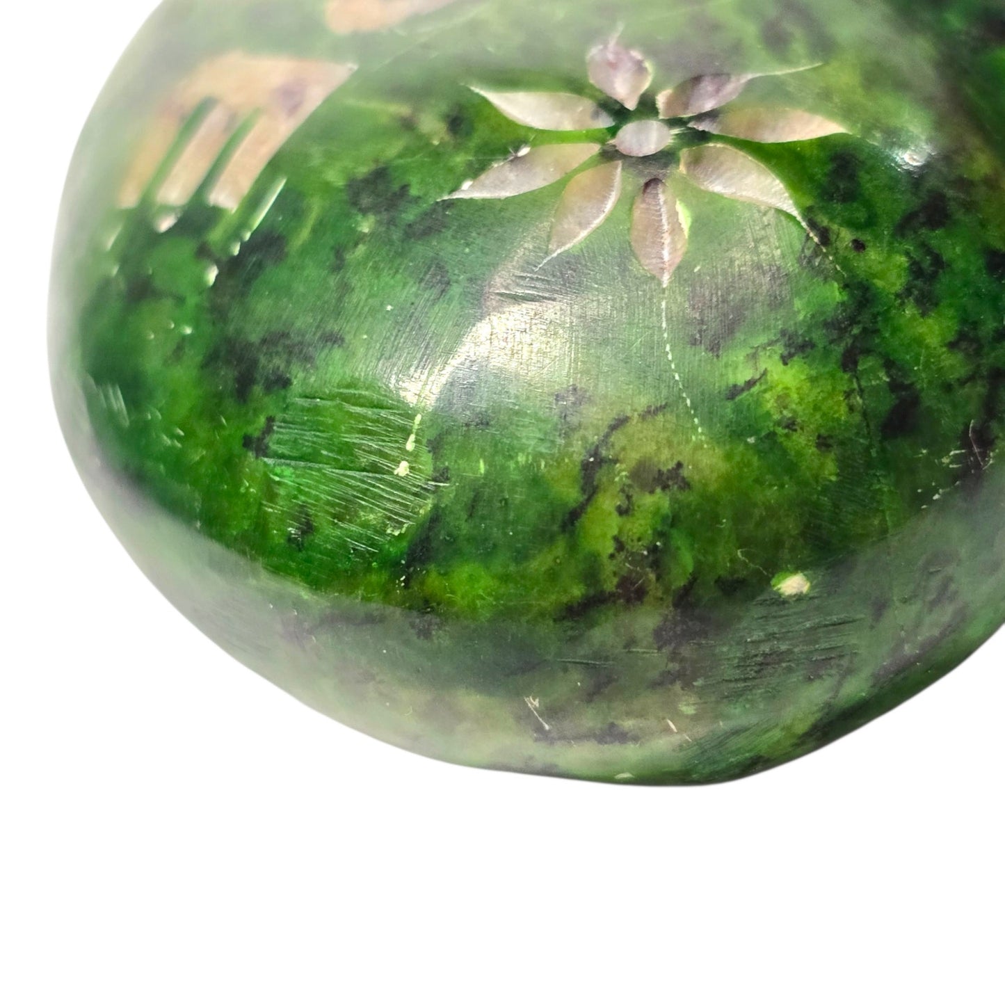 Carved Soapstone Heart Paperweight Green HOPE Etched Flower India Heavy 4"
