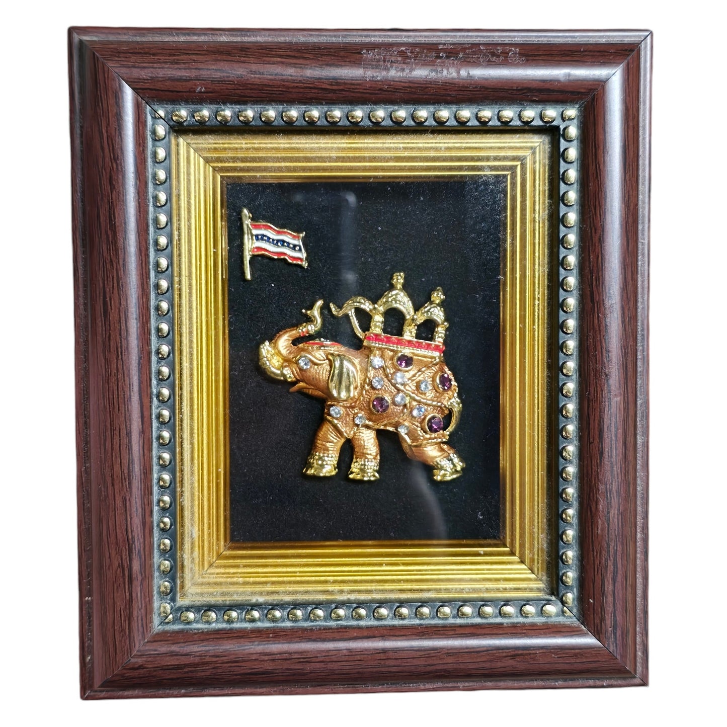 Vtg Thailand Jeweled Enameled Elephant with Rhinestones Shadow Box Framed Wall Decor