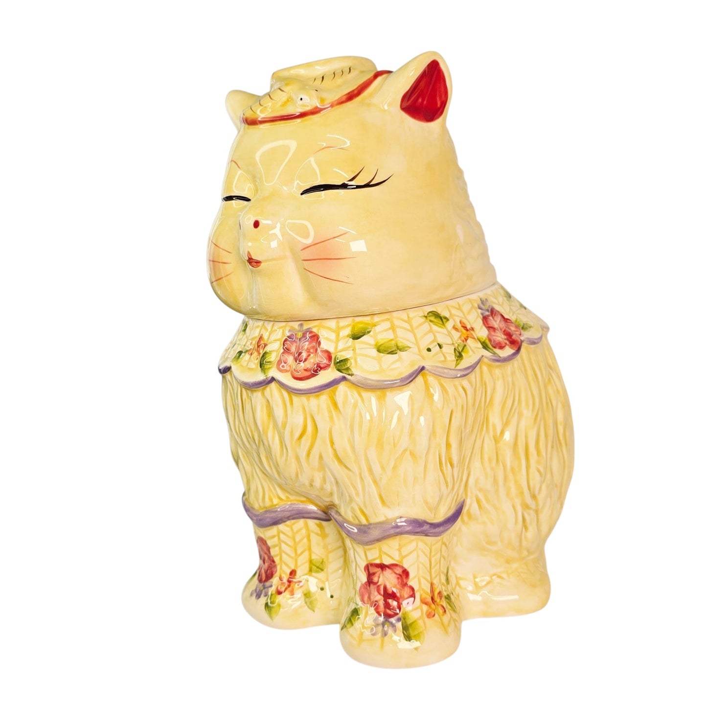 Block Puss 'n Boots Ceramic Cat Cookie Jar Floral Adorable Cat