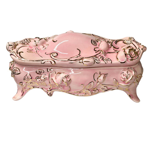 Romantic Pink Rose Porcelain Jewelry Casket - Vintage Grandmillennial Decor