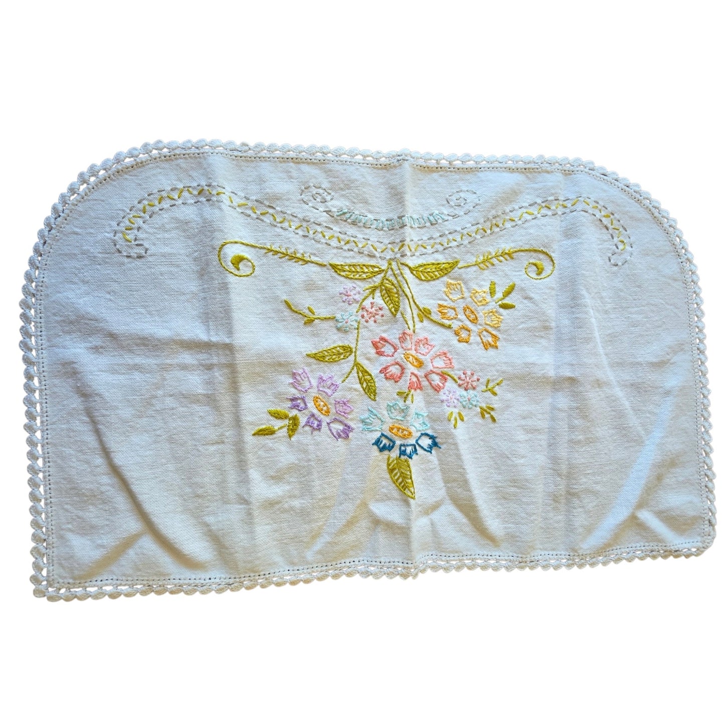 Vintage Embroidered Floral Scalloped Linen Placemat Dresser Scarf 17x10 Oblong