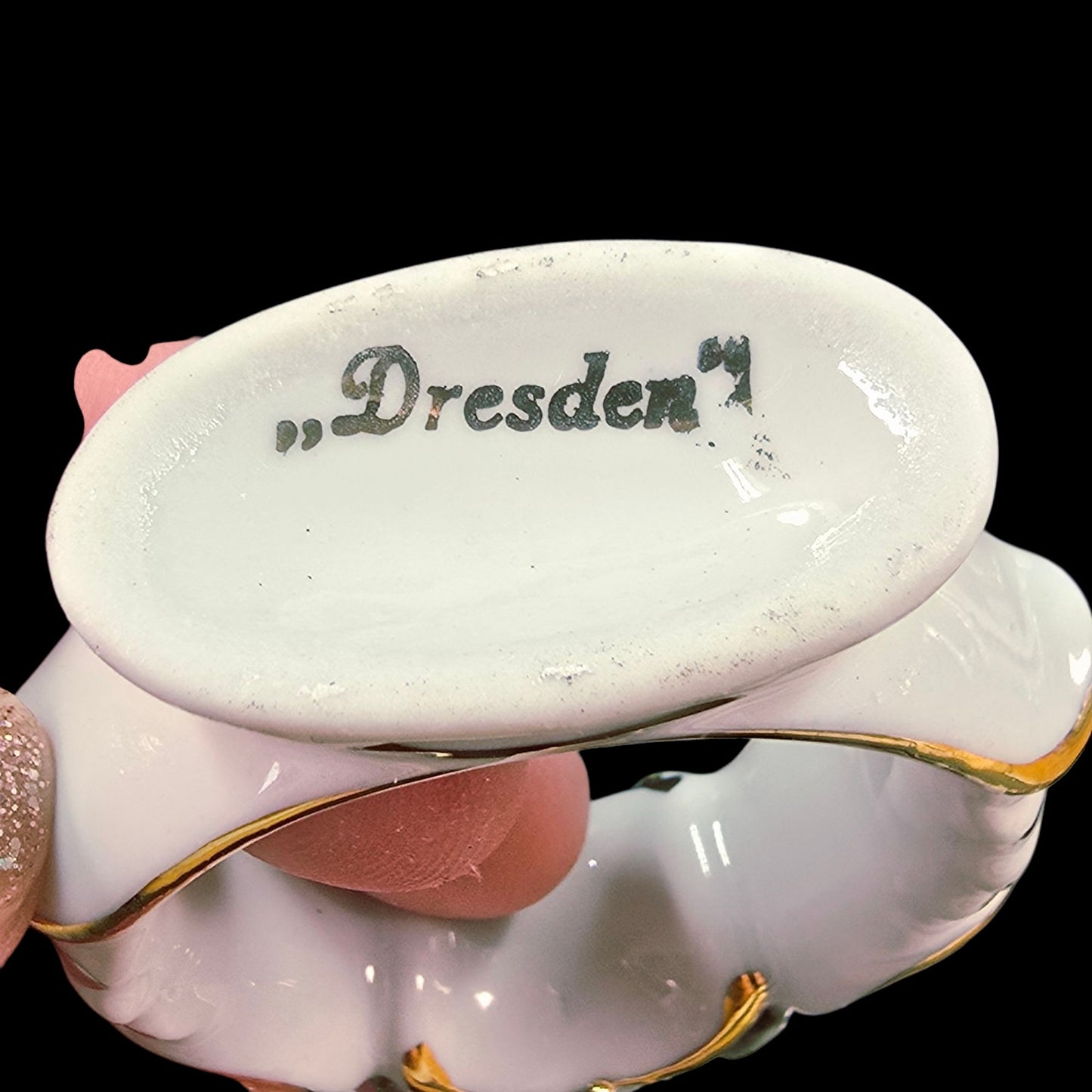 Vintage Set Of Six Dresden Pink Rose Porcelain Napkin Rings