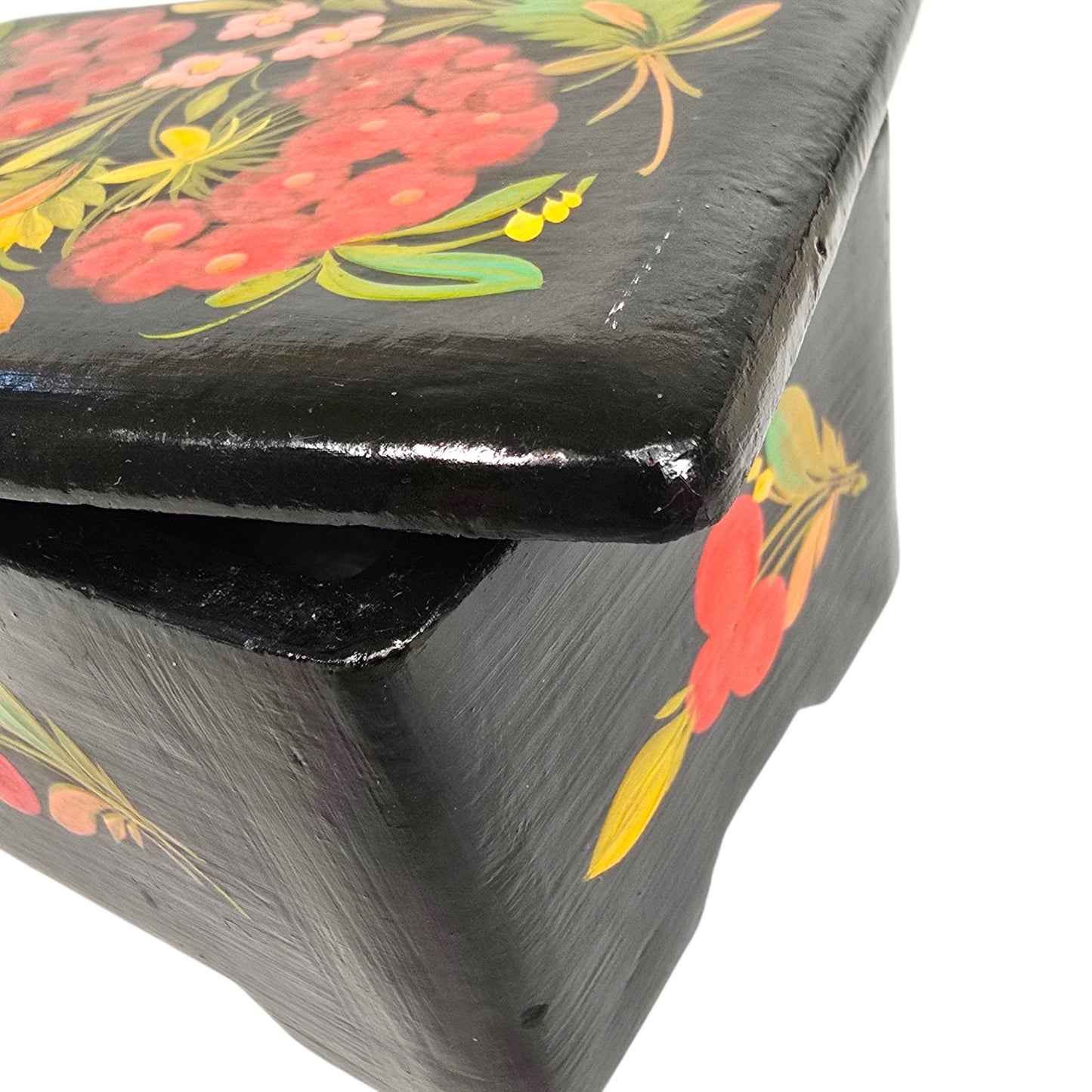 Vintage Hand Painted Floral Wooden Lacquer Box Folk Art Trinket Box 808 Mark