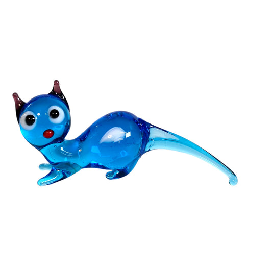 Handblown Blue Art Glass Cat, Laying Down, Blue Stretch Glass Cat