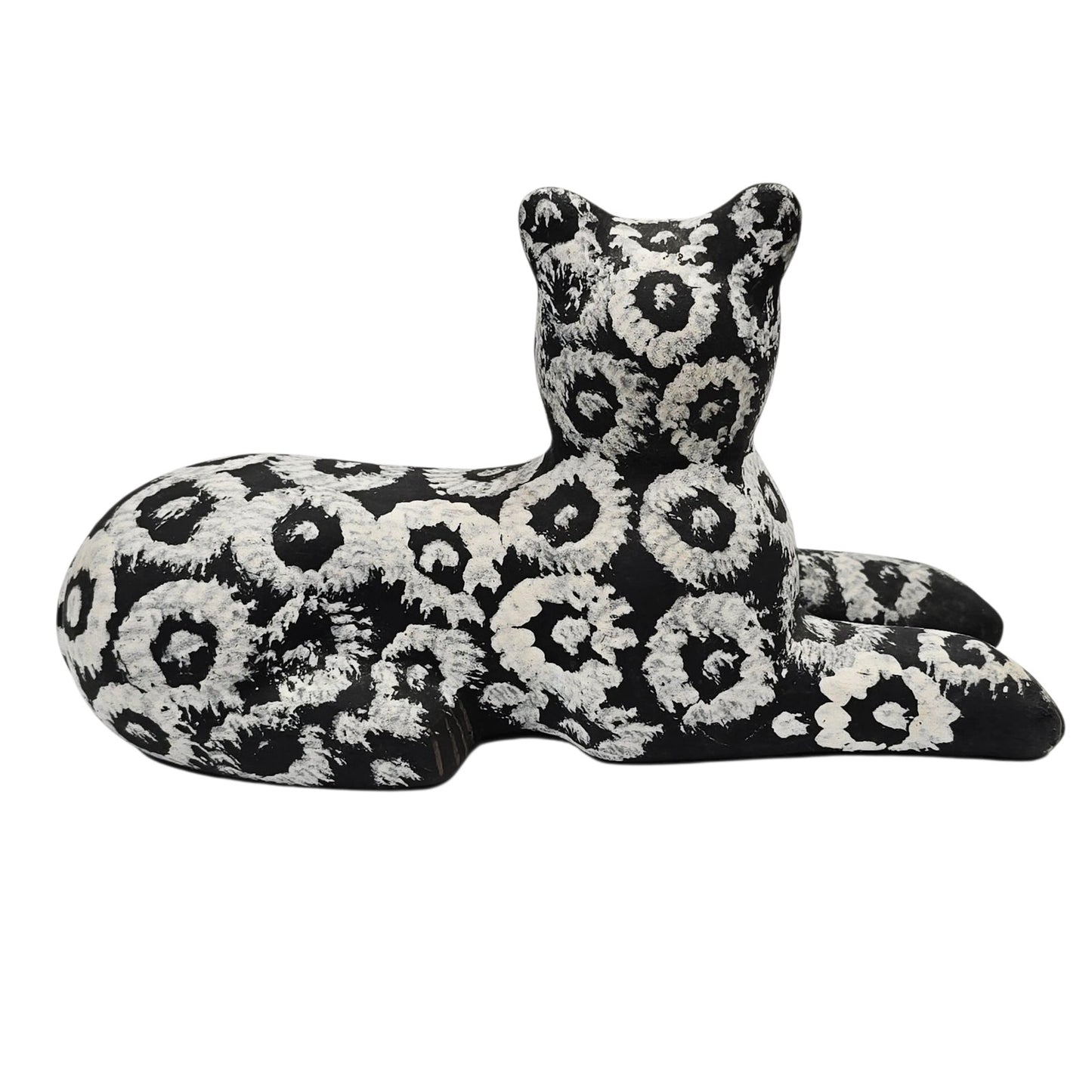 Folk Art Black White Kitsch Cat Figurine Hand Painted Clay Pottery Animal Decor