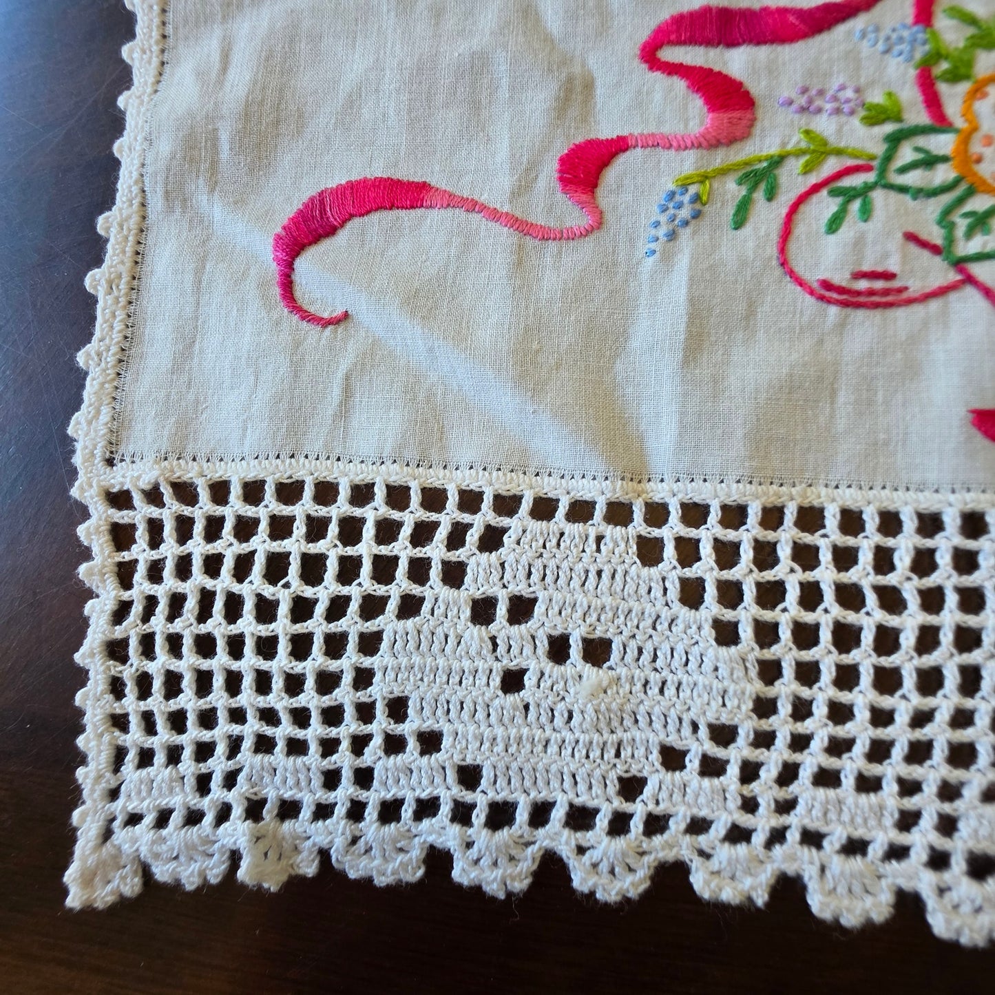 Vintage Floral Basket Embroidered Dresser Scarf Linen Runner Double Sided 32"