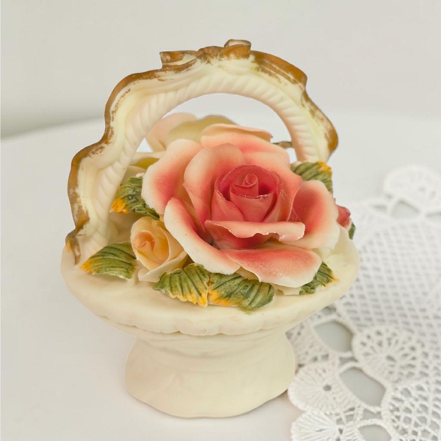 Vintage Porcelain Trinket Box Basket Pink Cream Rose Floral Lid Vanity Decor
