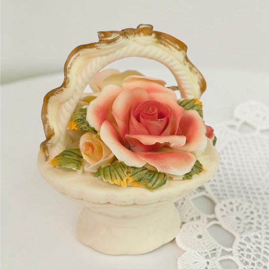 Vintage Porcelain Trinket Box Basket Pink Cream Rose Floral Lid Vanity Decor