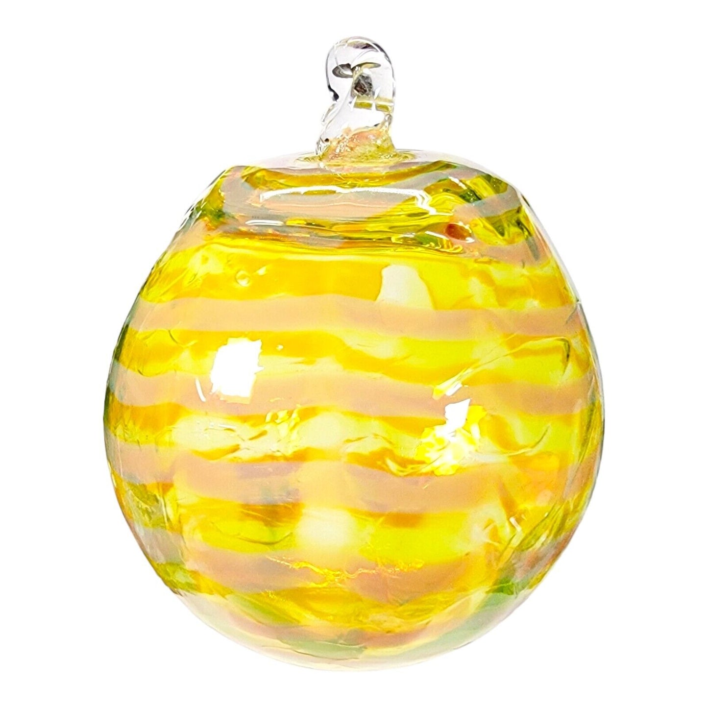 Hand Blown Studio Art Glass Ornament Ball Yellow Swirl 4.5" H