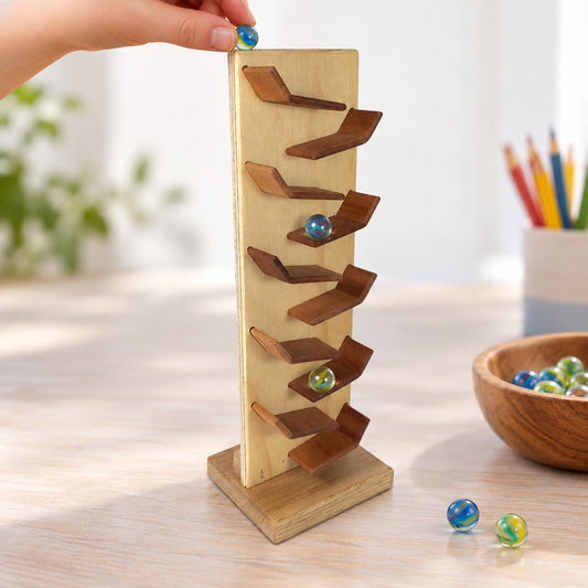 Handcrafted Wooden Zigzag Marble Run Toy Natural Wood Tiered Track