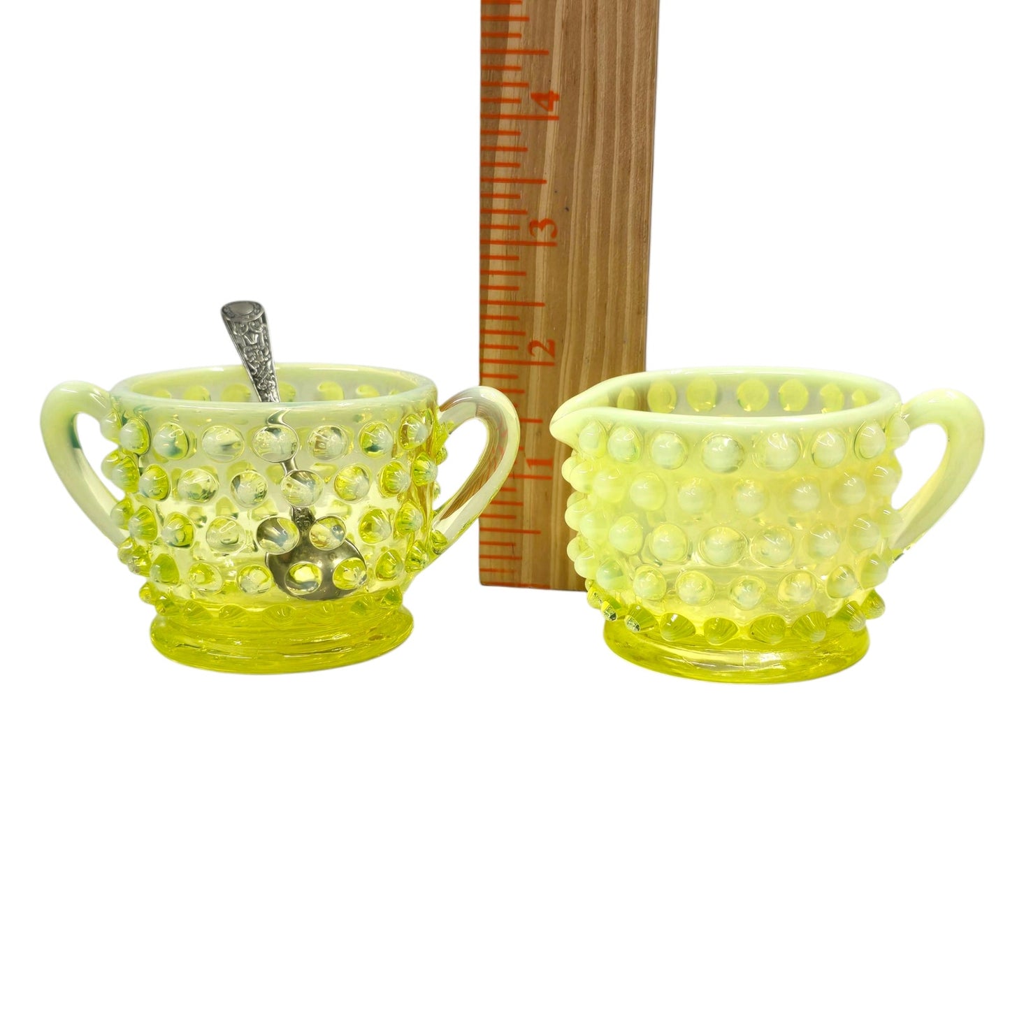 (Reserved for Customer) Fenton Vaseline Opalescent Hobnail Creamer & Sugar Set Uranium Reactive