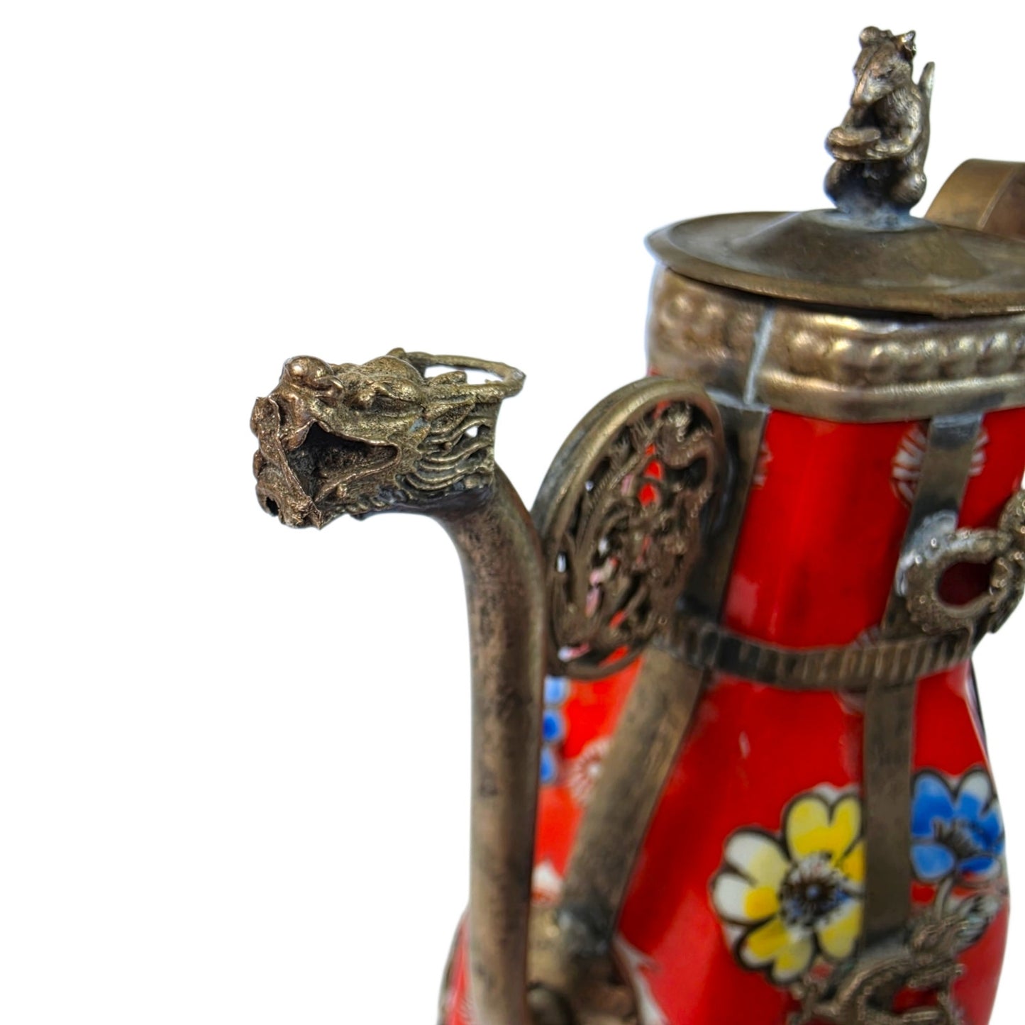 Vintage Miniature Tibetan Porcelain Teapot Metal Filigree Red Dragon Squirrel