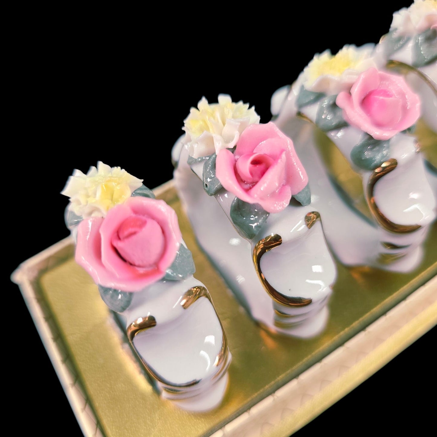Vintage Set Of Six Dresden Pink Rose Porcelain Napkin Rings