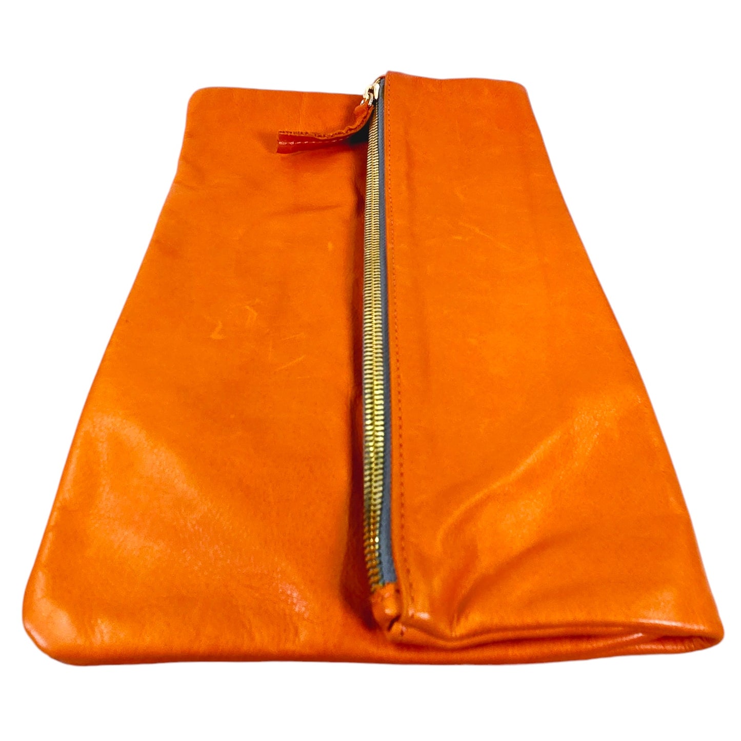 Clare Vivier Vintage Orange Leather Foldover Clutch, Zip Top  Clutch, Folded Measurements: 7" H