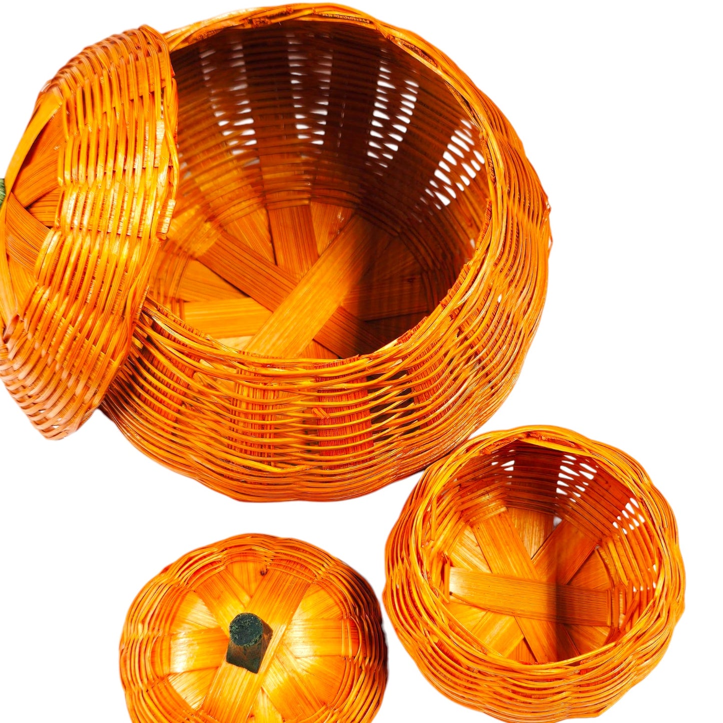 Set of 2 Woven Pumpkin Basket Containers with Lids Fall Farmhouse Halloween Nesting