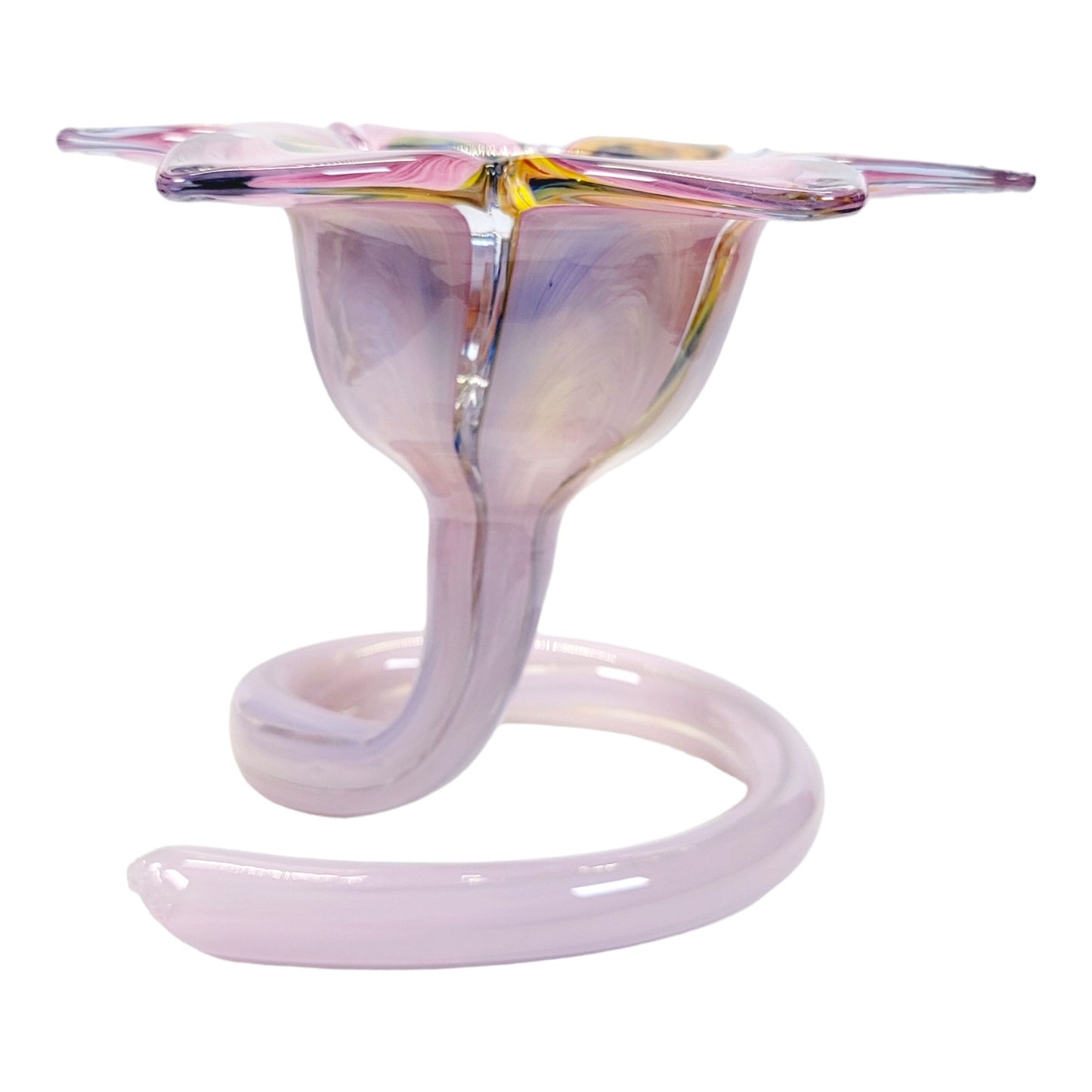 Beautiful Hand Blown Spiral Stem Art Glass Flower, Multicolor Flower with Lavender Stem