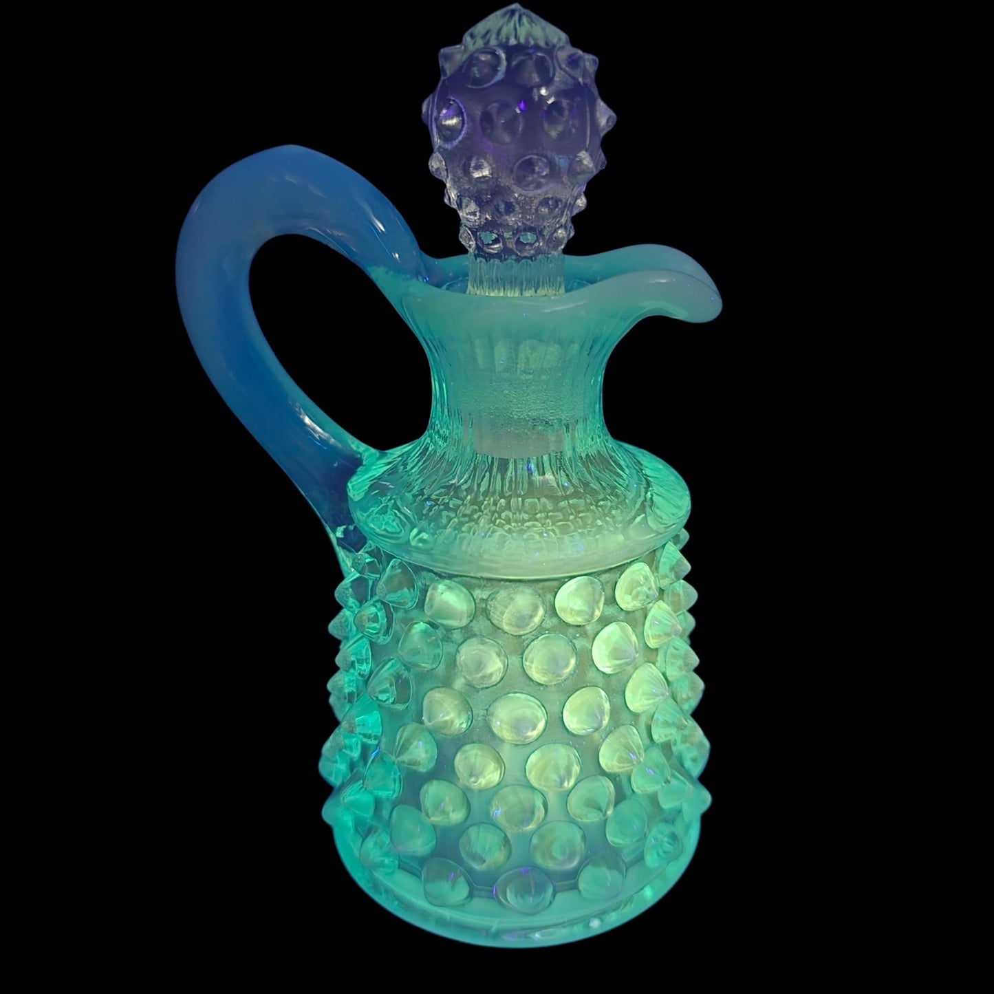 Fenton Blue Opalescent Hobnail Cruet w/ Stopper Uranium Reactive Art Glass