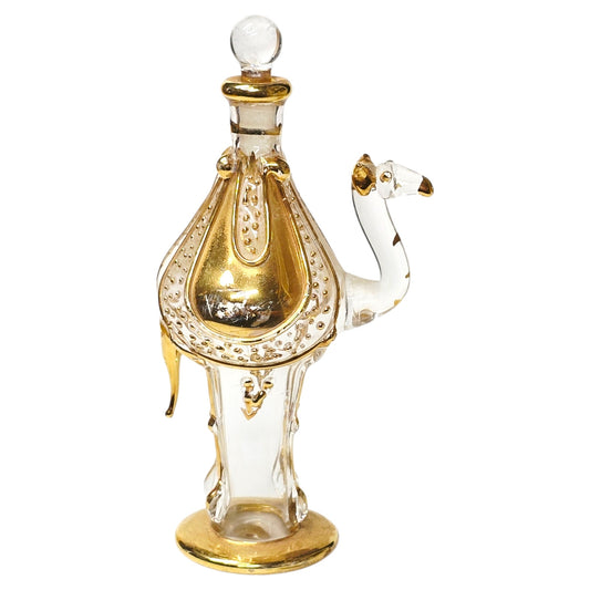 (Saved for Customer) Vintage Hand-Blown Egyptian Glass Perfume Bottle - Gold Accented - 4.5"