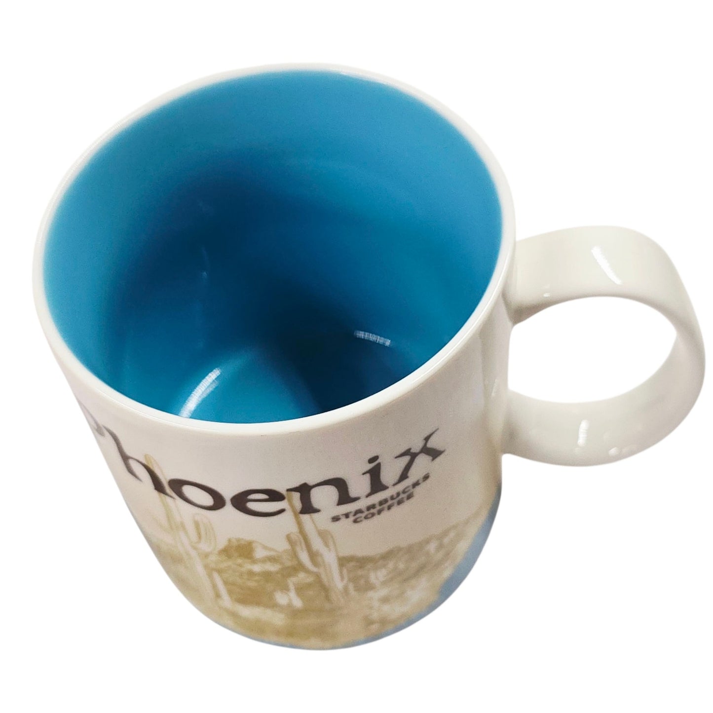 Starbucks Coffee Mug Phoenix City Scene Desert Cactus 16 oz Blue Interior 2012