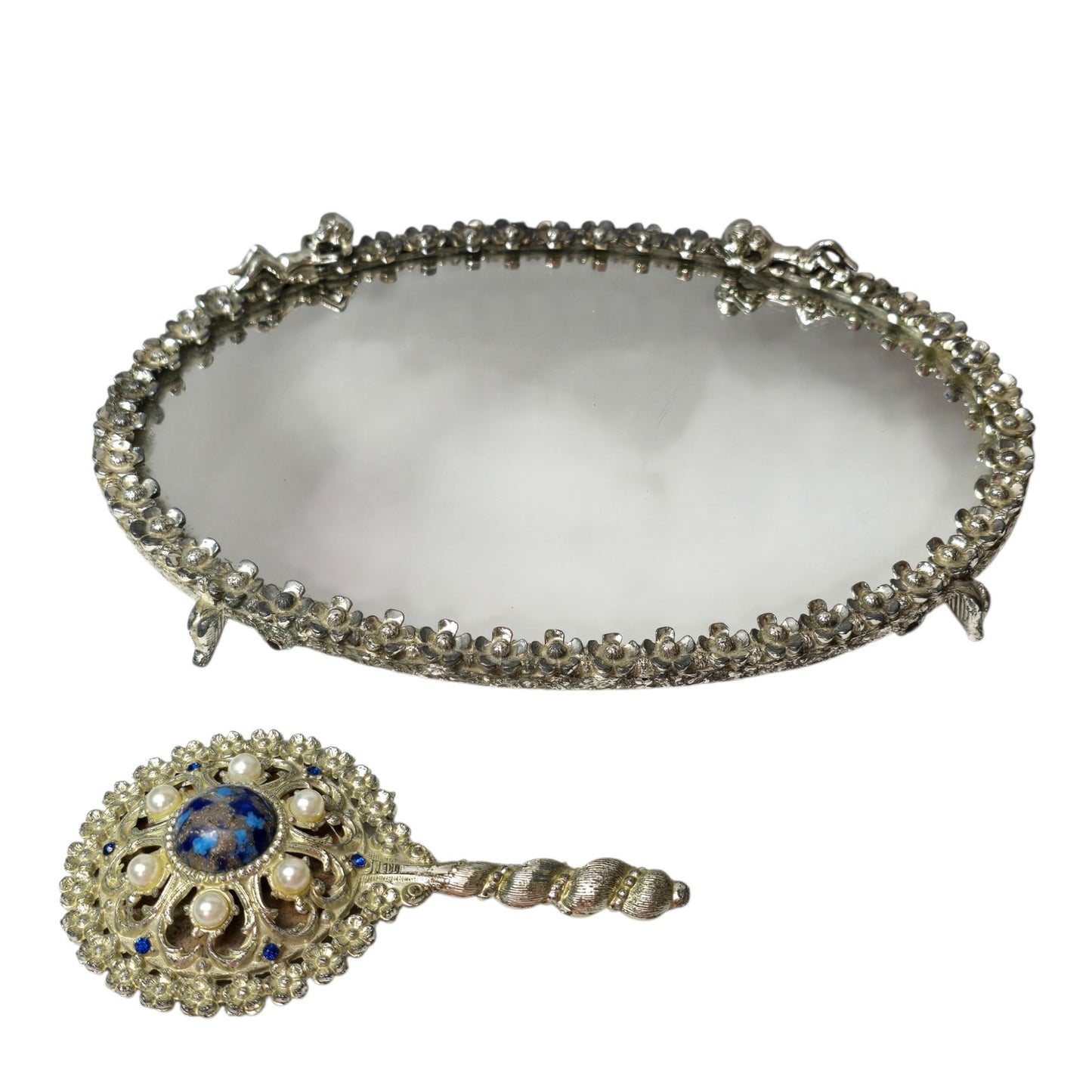 Sam Fink Vanity Set Mirror Tray Purse Mirror Cherub Flower Silver Tone Harp Feet
