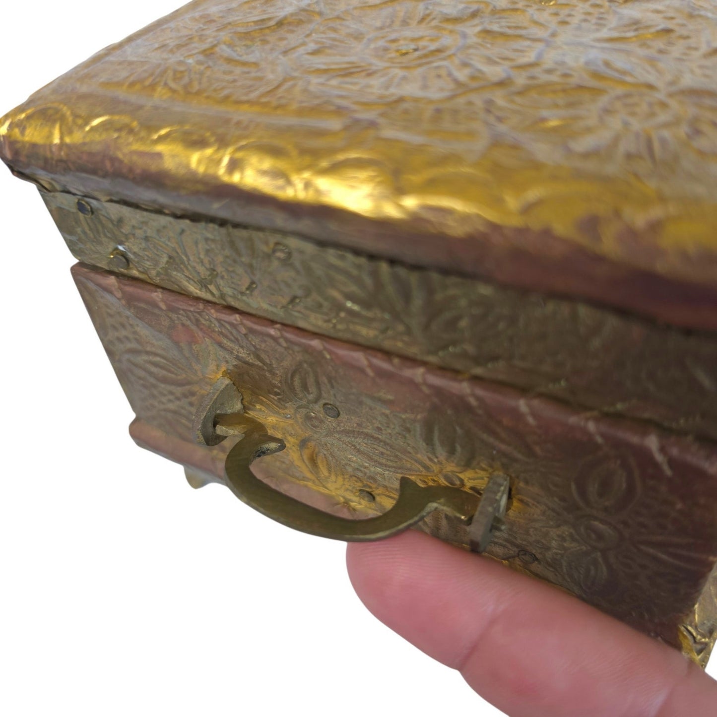 (Reserved for Customer) Vintage Embossed Repousse Brass Jewelry Box Red Velvet Lined Ornate Features