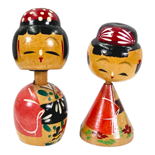 Set of 2 Vintage Miniature Wooden Kokeshi  Wobble Dolls with Magnet Base, Boy and Girl Handpainted Doll Japan, 3.5" & 3.25" H