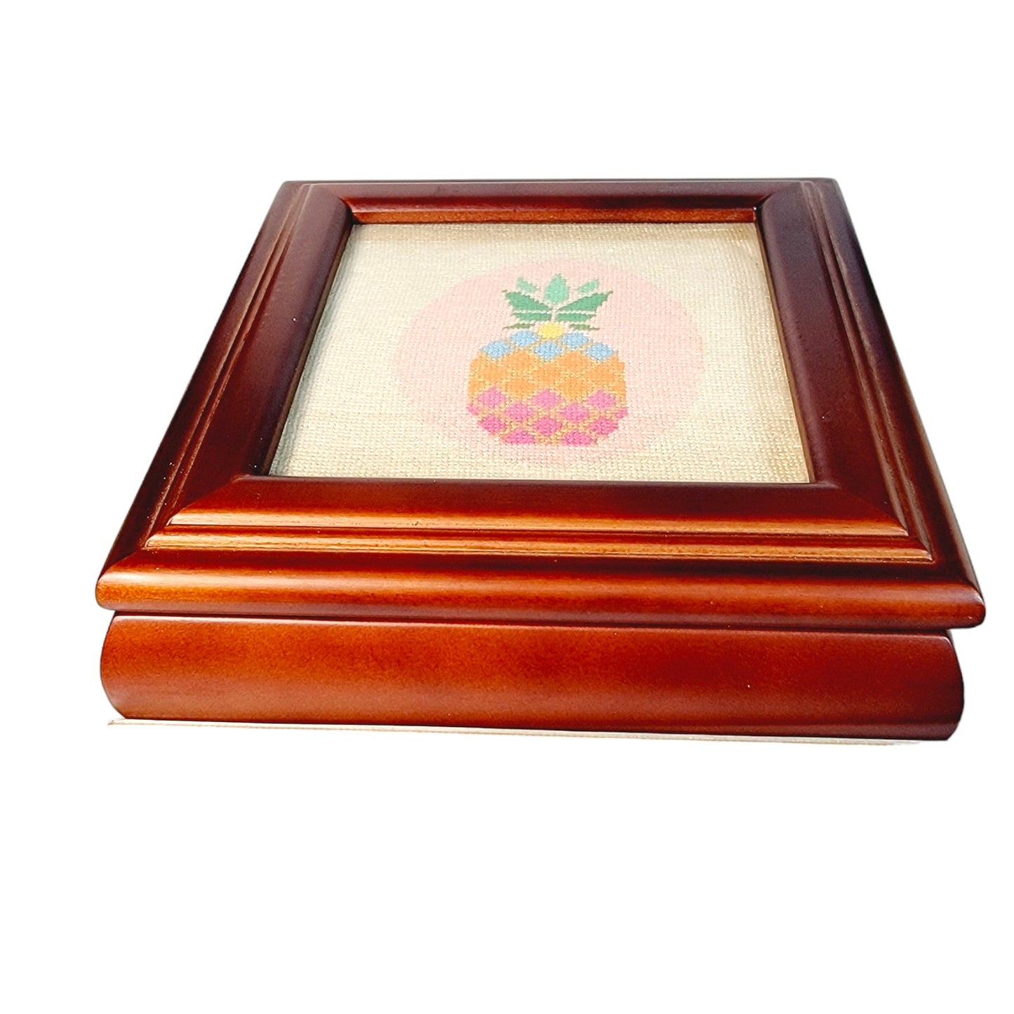 Lined Wooden Box with Hinged Lid with Framed Colorful Pineapple Cross-Stitch, Wooden Trinket Box