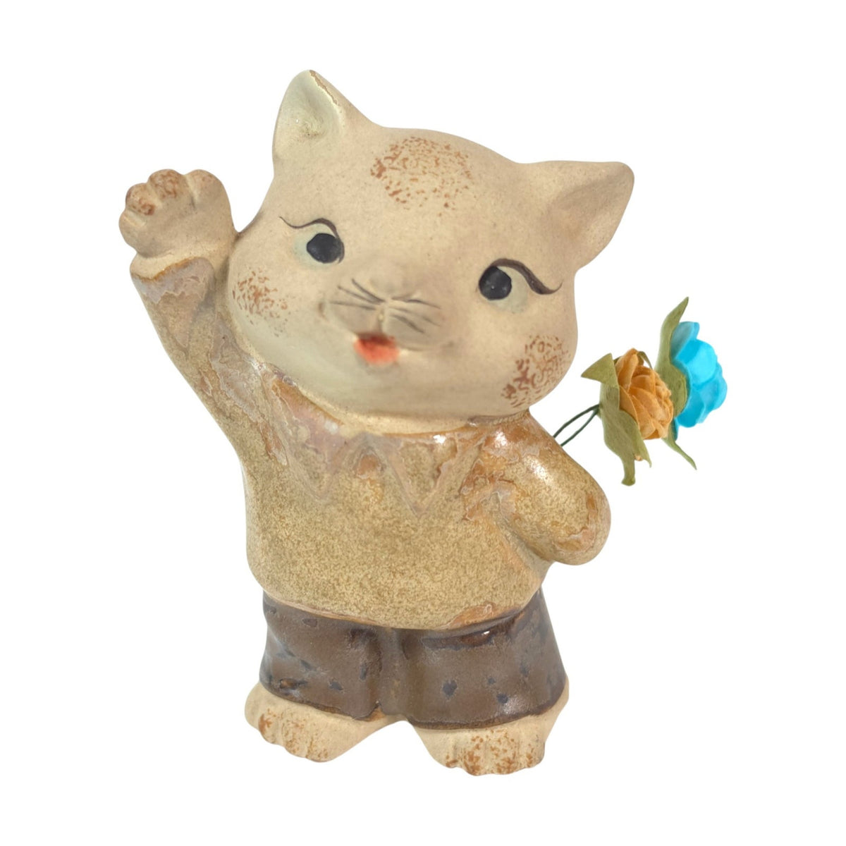 Vintage UCTCI Japan Cat Figurines Pair Boy Girl Flower Holders Speckled Pottery