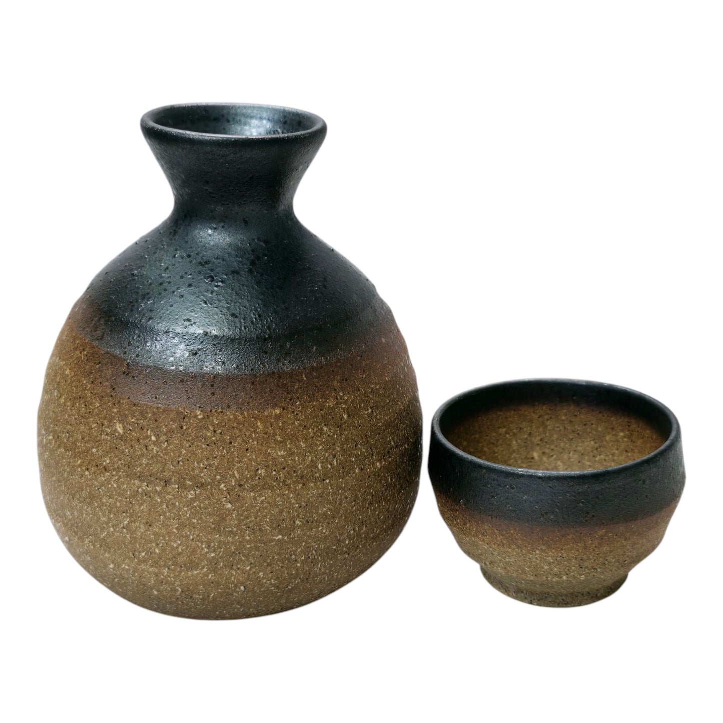 Stoneware Art Pottery Tumble Up / Sake Set Brown Beige Glossy Rim, Raw Stoneware