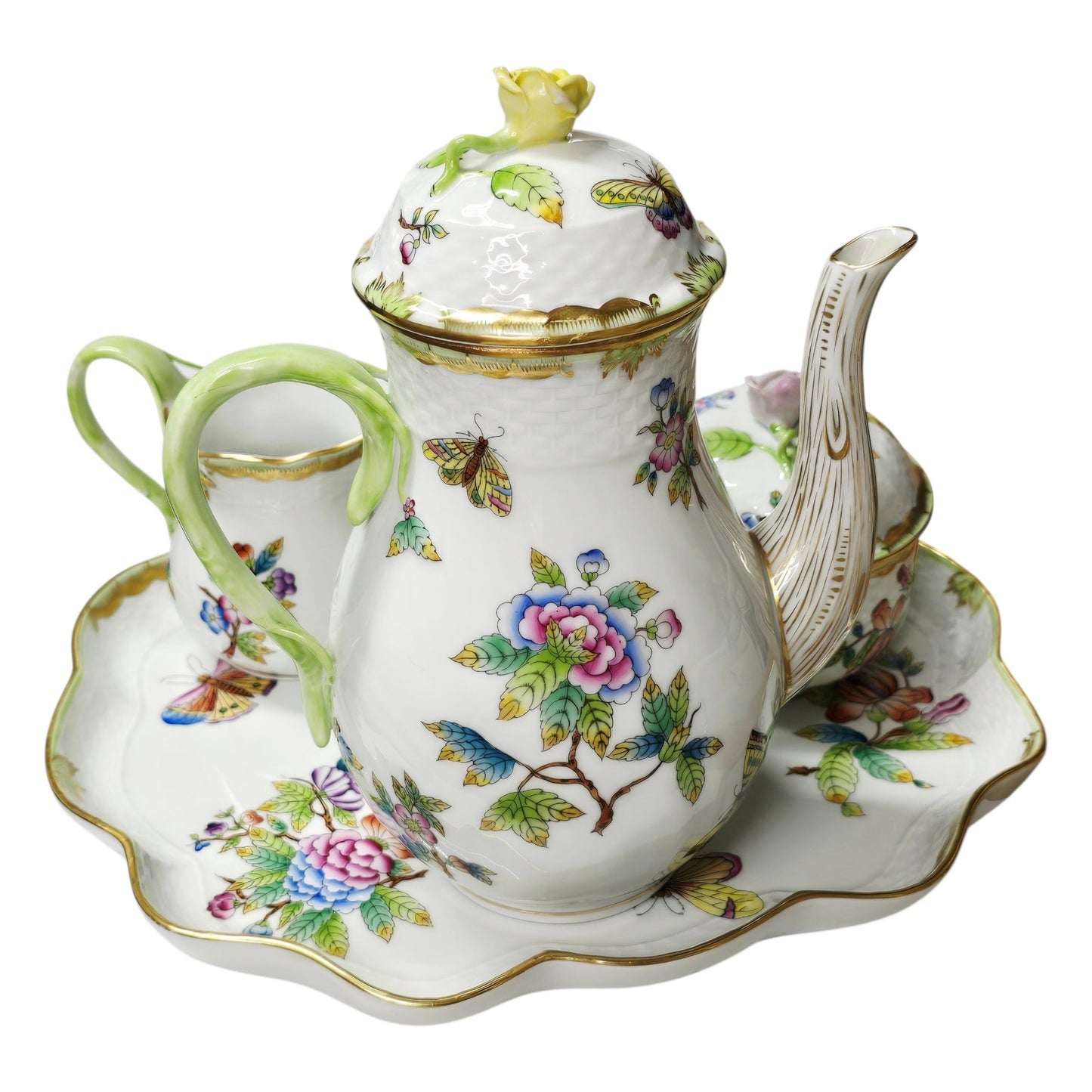 Herend Queen Victoria VBO 4-Pc Set - Pot, Tray, Creamer, Lidded Sugar - 24k Gold