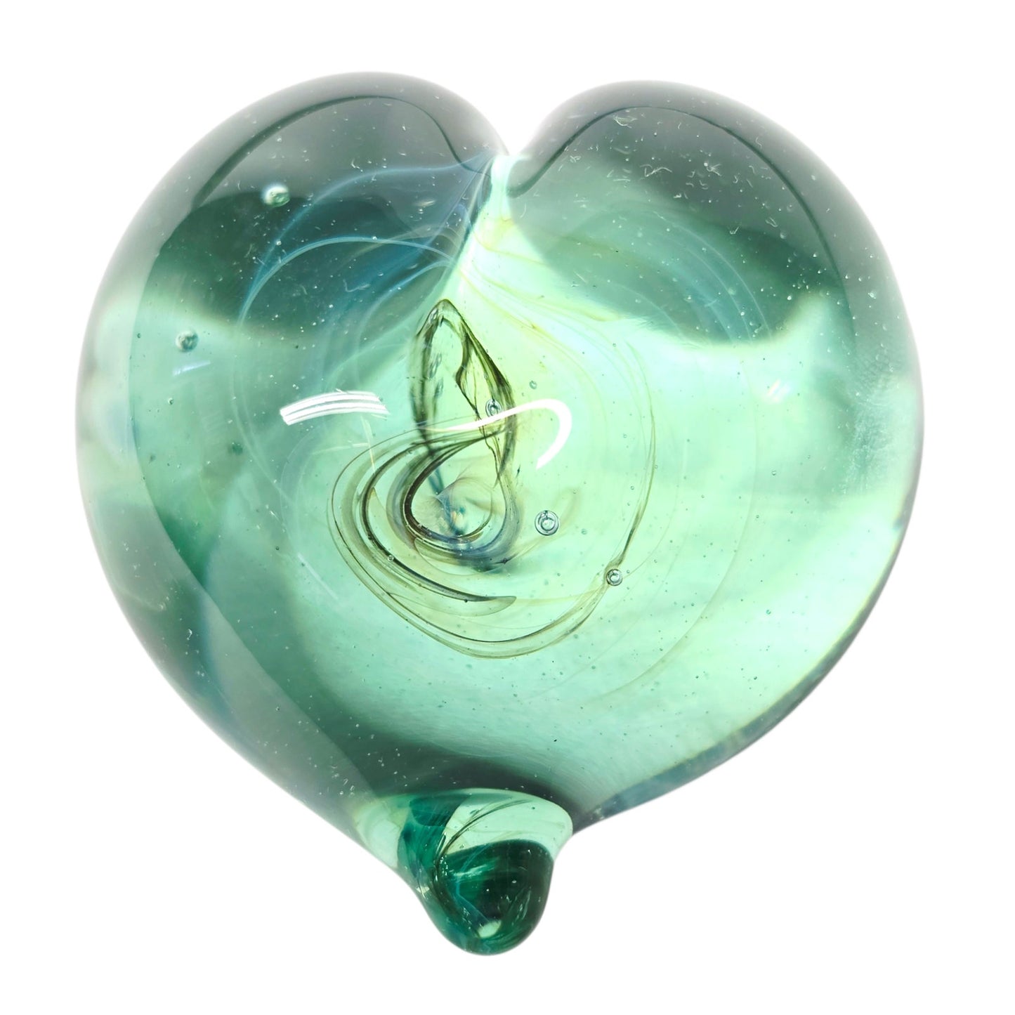 Signed Gilbert C. Johnson 1991 Art Glass Heart Paperweight Blue Green Vortex