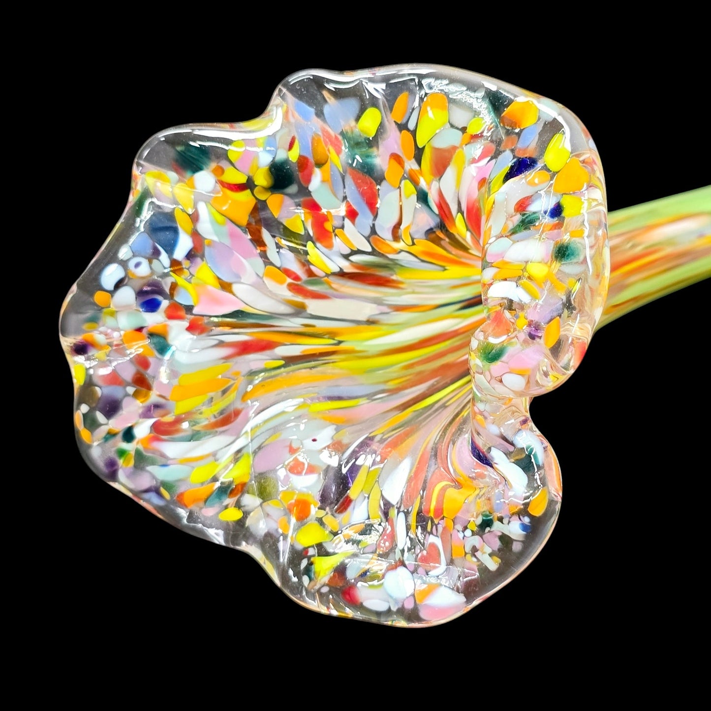 Art Glass Flower Sculpture Confetti Stripe Swirl Long Stem 9.5" Multi Color