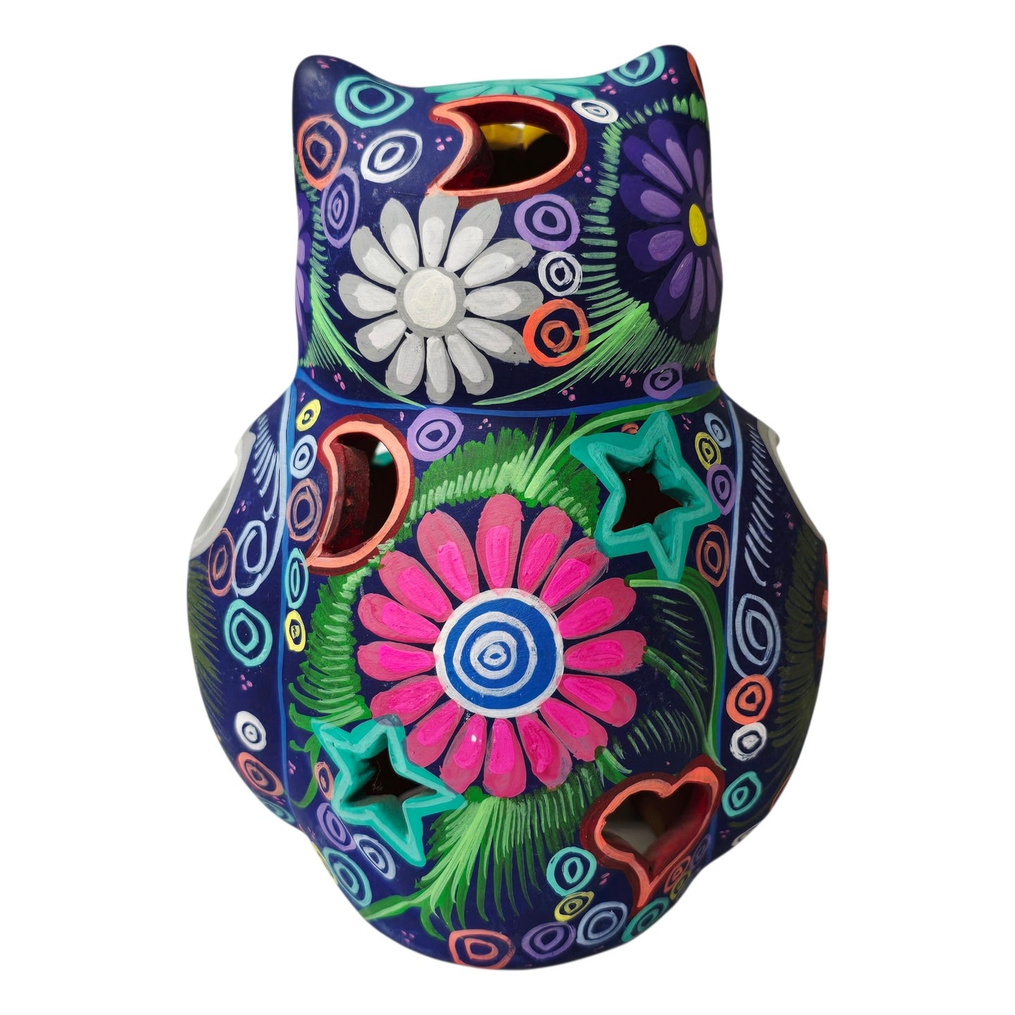 Mexican Talavera Style Owl Luminary Hand Painted Folk Art Candle Holder