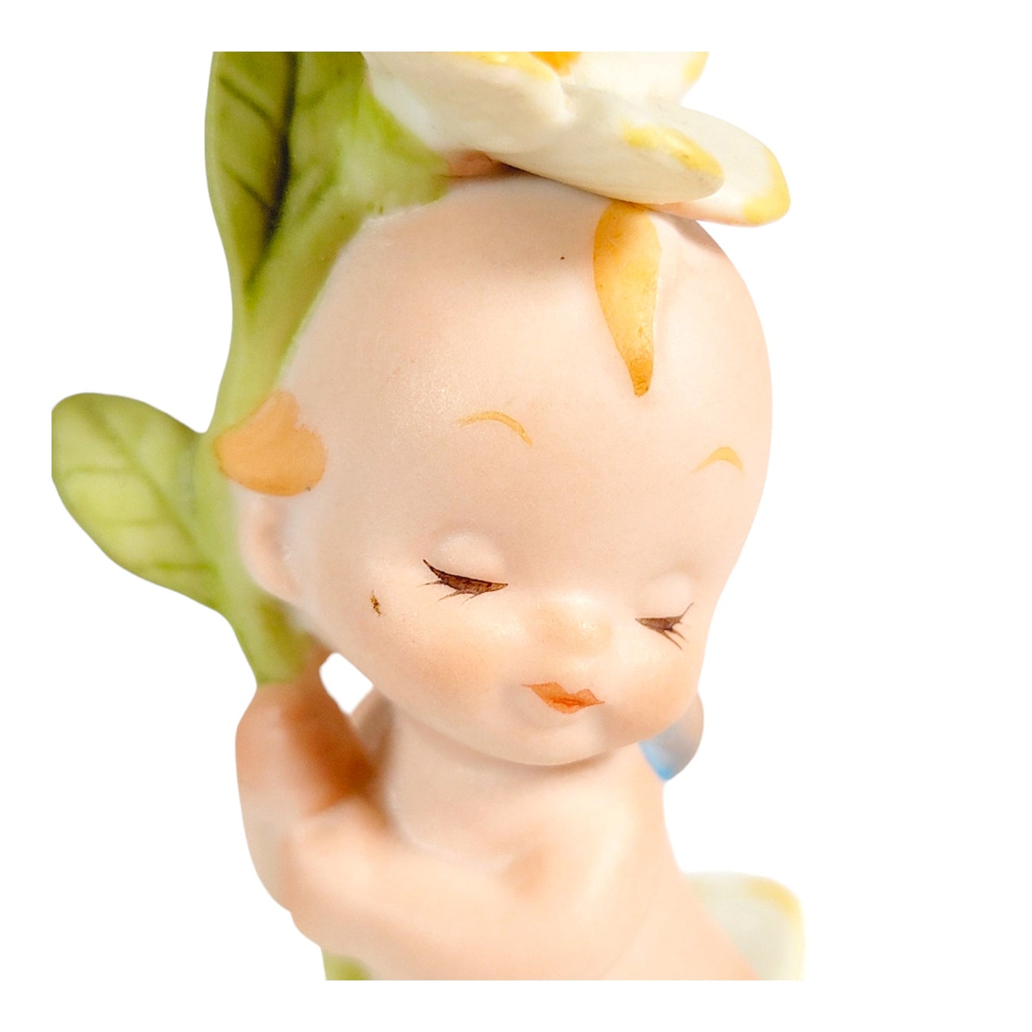 Lefton Bisque Kewpie Baby Holding Daisy Figurine, Lefton Kewpie Doll Figurine Blue Wings