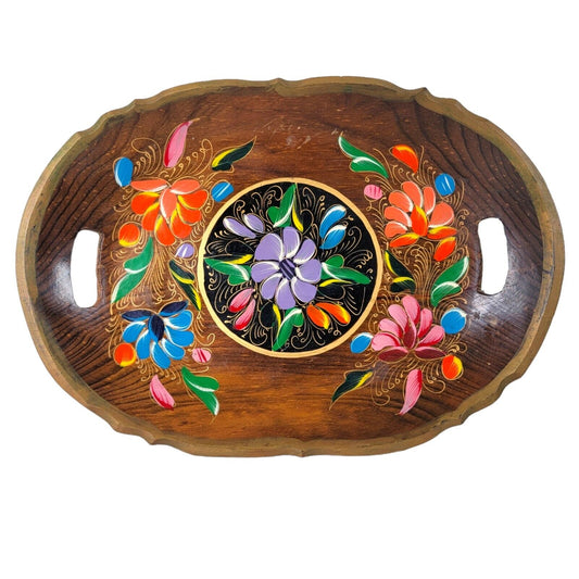 Mexican Folk Art Batea Wooden Tray, Oval Hand painted Floral, Rustic Wooden Tray