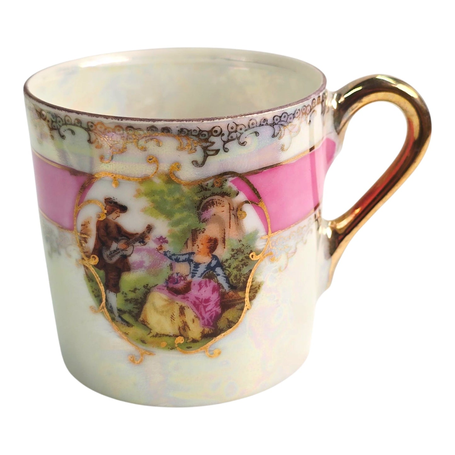 Vtg Lefton China Tea Cup & Saucer Pink Band Gold Trim Courting Couple 1798