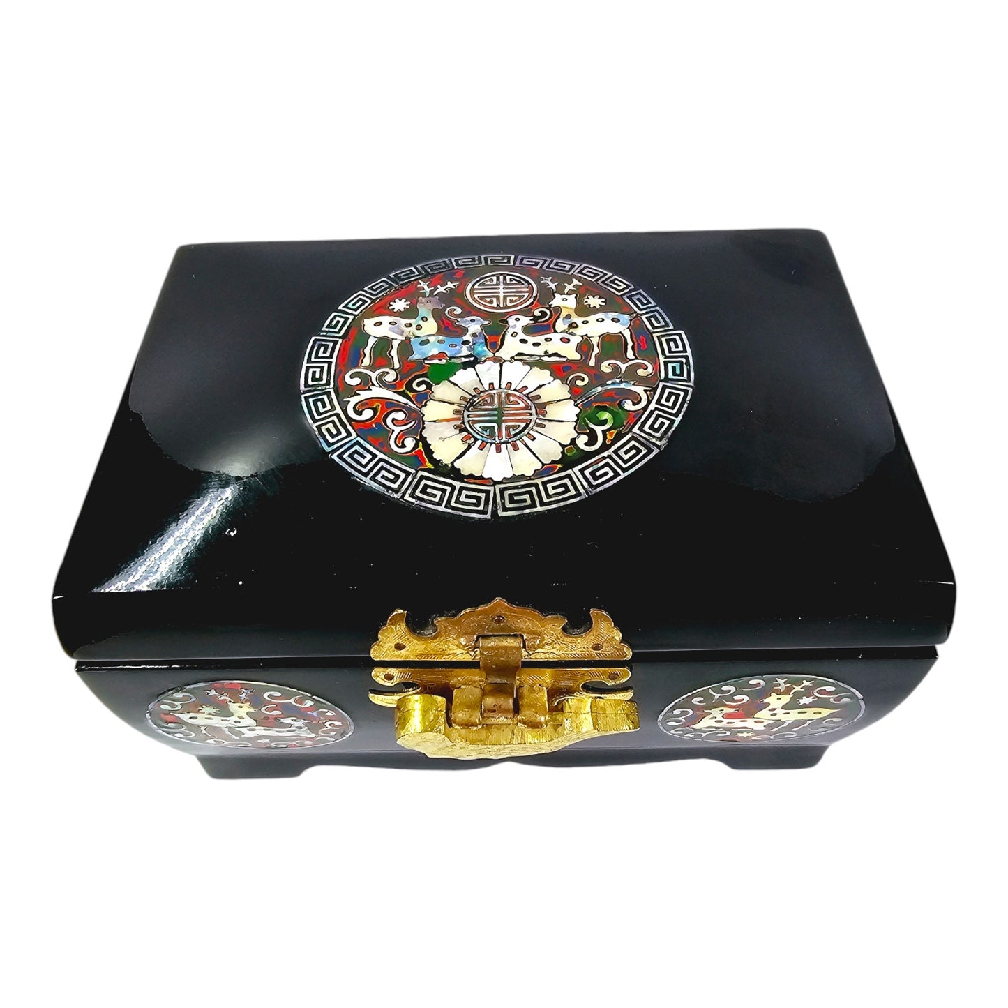 Asian Black Lacquer Mother of Pearl Inlay Jewelry Box, Deer Fawn, Mirrored, 7" W