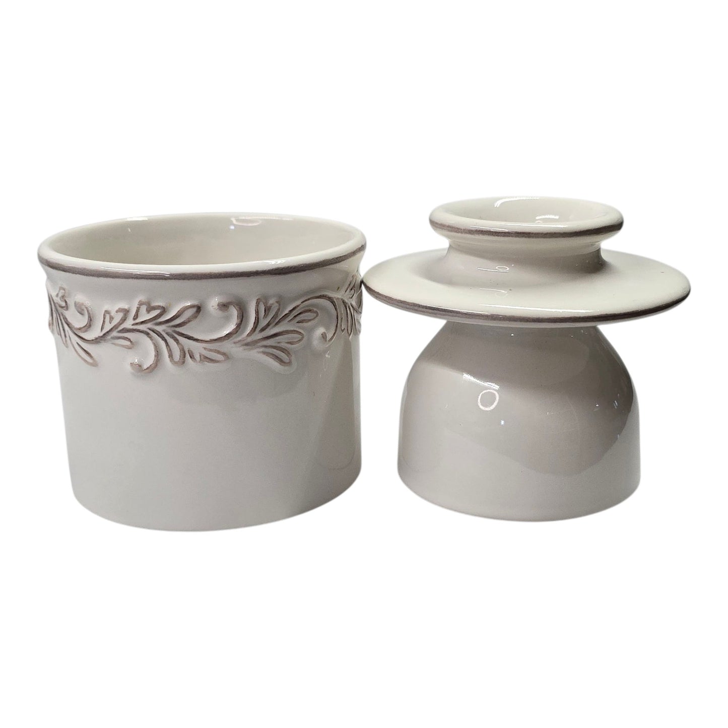 Butter Bell Crock Butter Keeper Stoneware Ceramic L. Tremain 2013 White Embossed