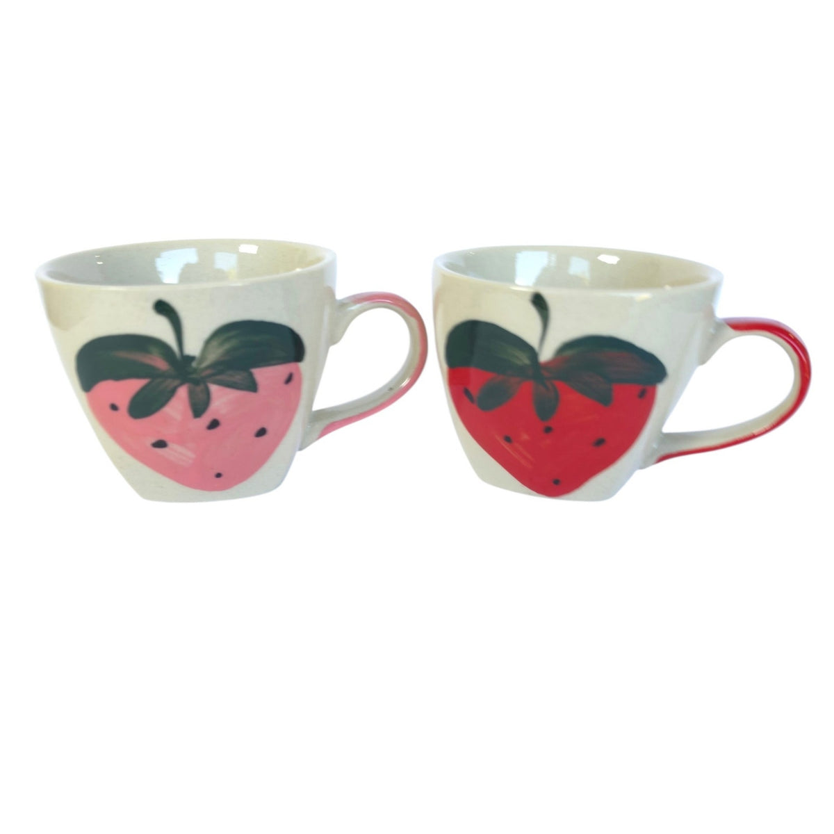 Vintage Hand-Painted Stoneware Strawberry Mugs Set of 2 Cute Art Pottery