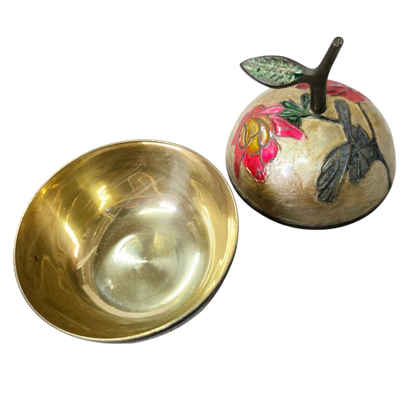 Vintage Cloisonne Enamel Brass Apple Trinket Box With Lid Floral Fruit Farmhouse