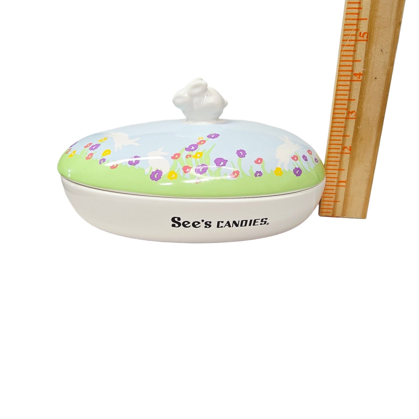 NIB See's Candies Easter Candy Dish Ceramic Lidded Bunny Knob Lid 7.5" Floral