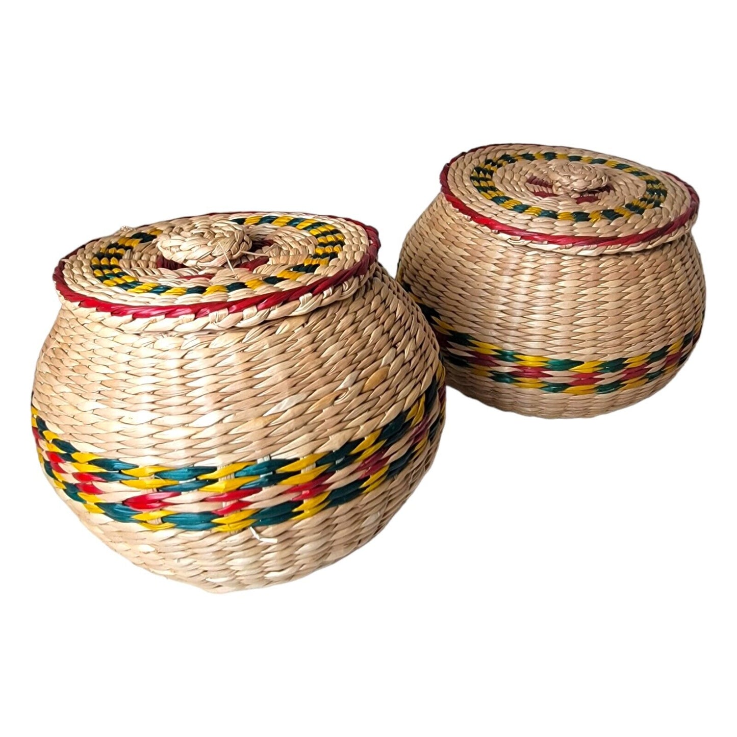 2 Small Round Woven Baskets with Lids for Storage