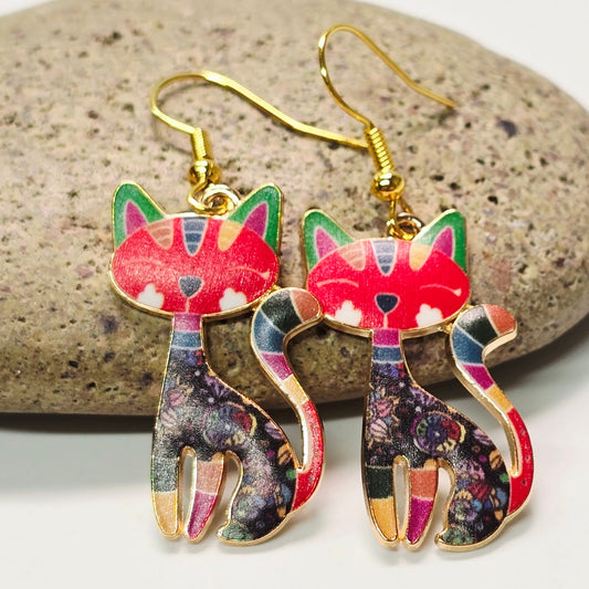 Artisan Crafted Enamelled Cat Dangle Earrings