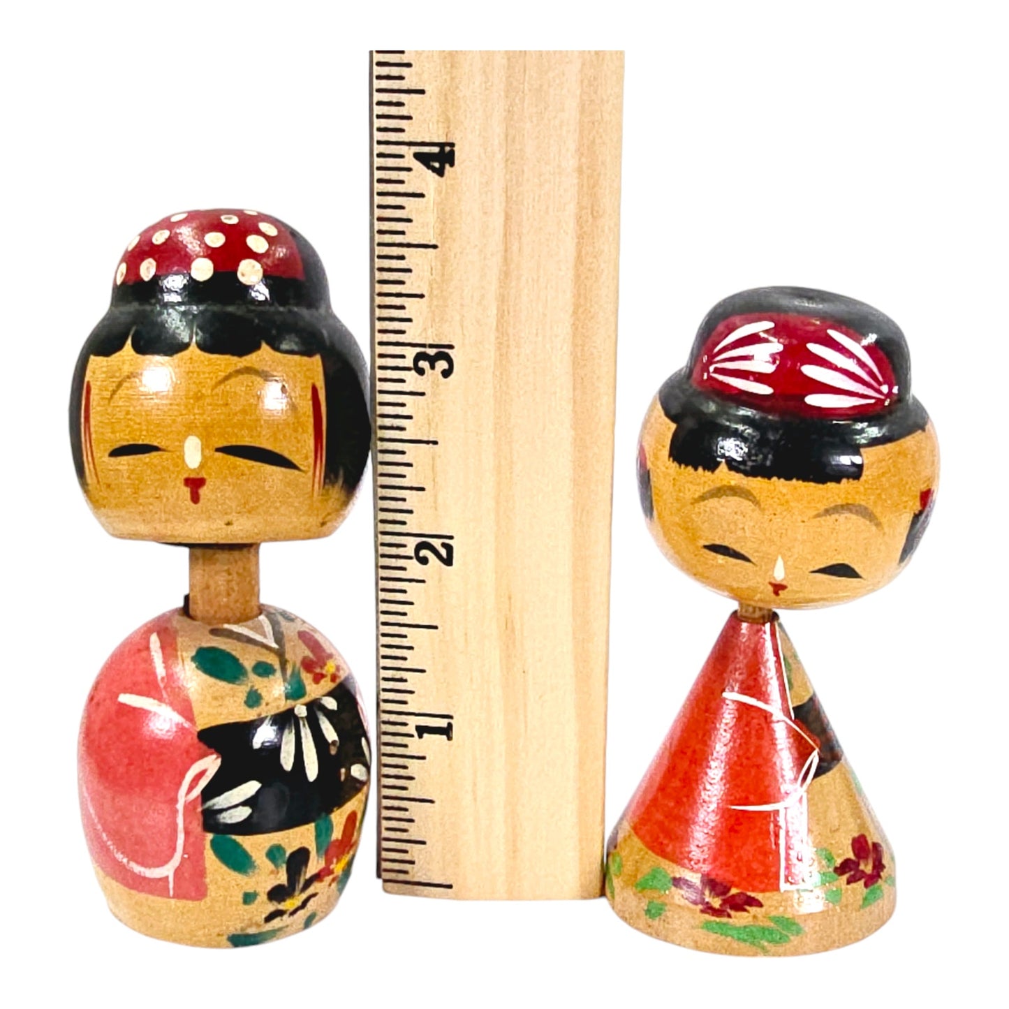 Set of 2 Vintage Miniature Wooden Kokeshi  Wobble Dolls with Magnet Base, Boy and Girl Handpainted Doll Japan, 3.5" & 3.25" H