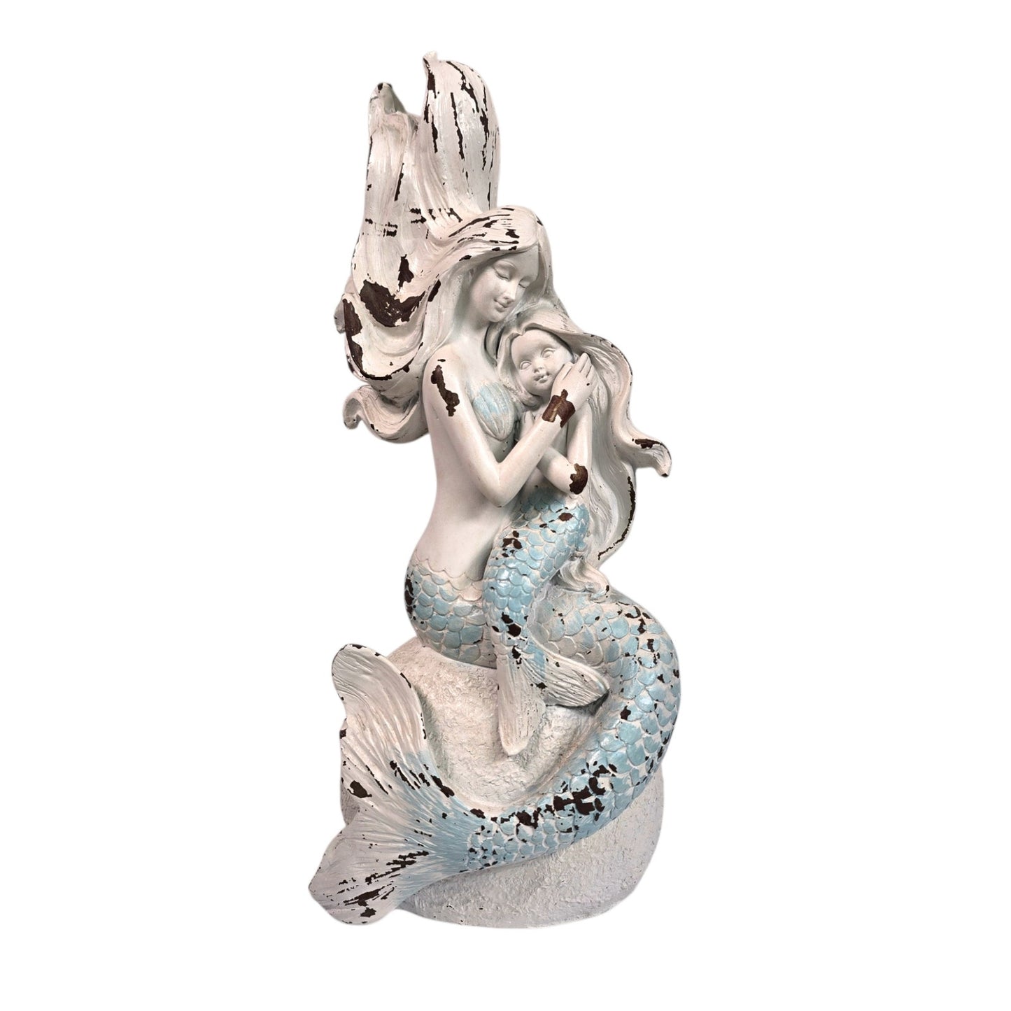 Mermaid Mother Child Figurine Undersea Fantasy Resin Statue Coastal Rustic Beach