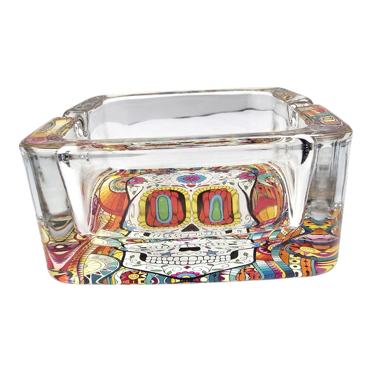 Day of the Dead Sugar Skull Heavy Glass Ashtray Trinket Dish Colorful 3"