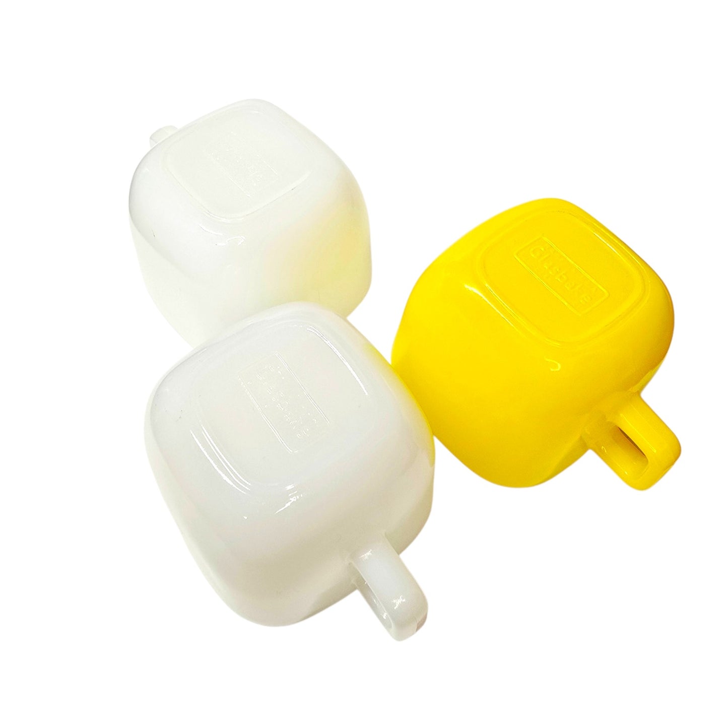 Glasbake Milk Glass Mugs Set 3 Square White Yellow USA Vintage Coffee Cups