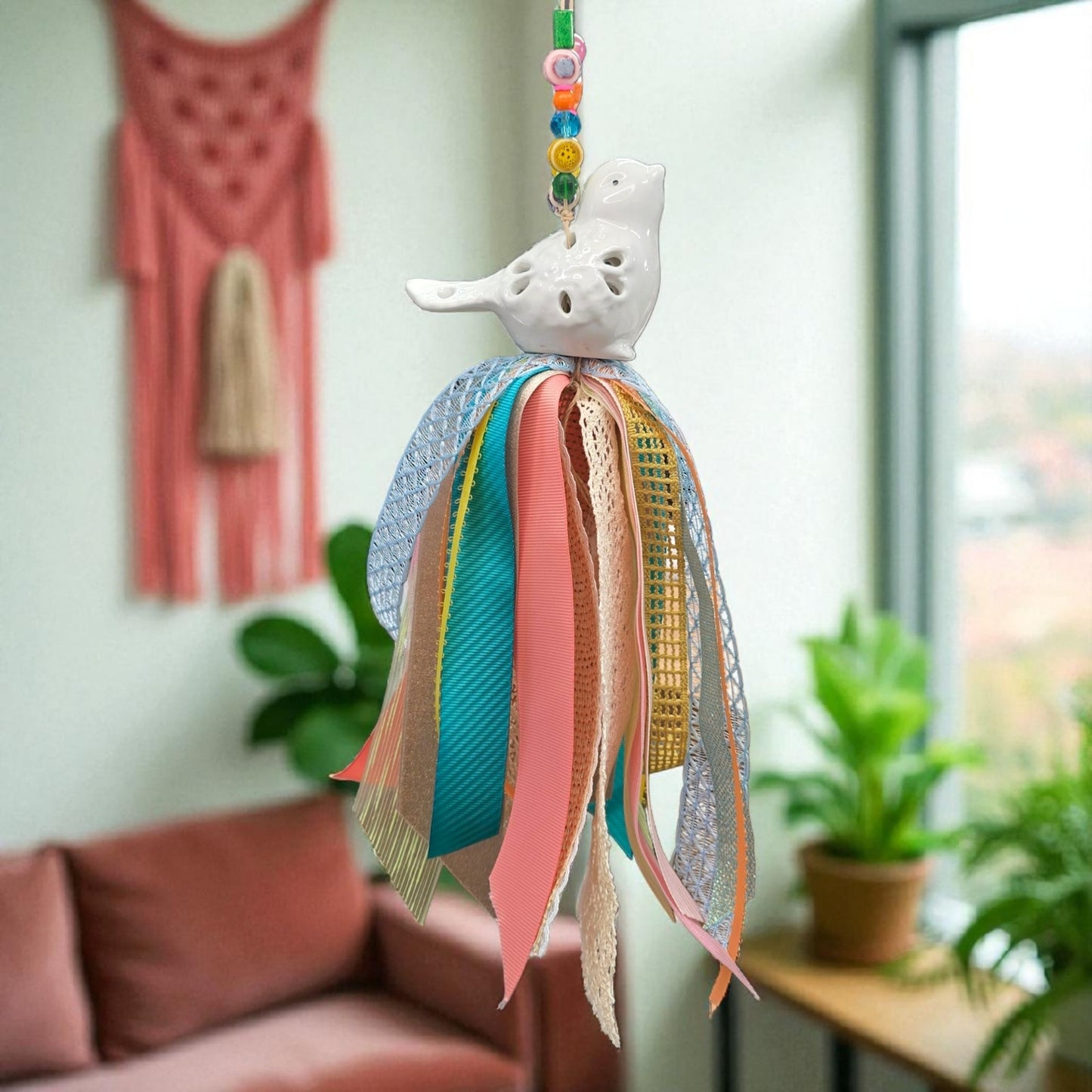 Ceramic Bird Tassel | Upcycled Ceramic Figurine Hanging Ribbon Decor Boho Farmhouse
