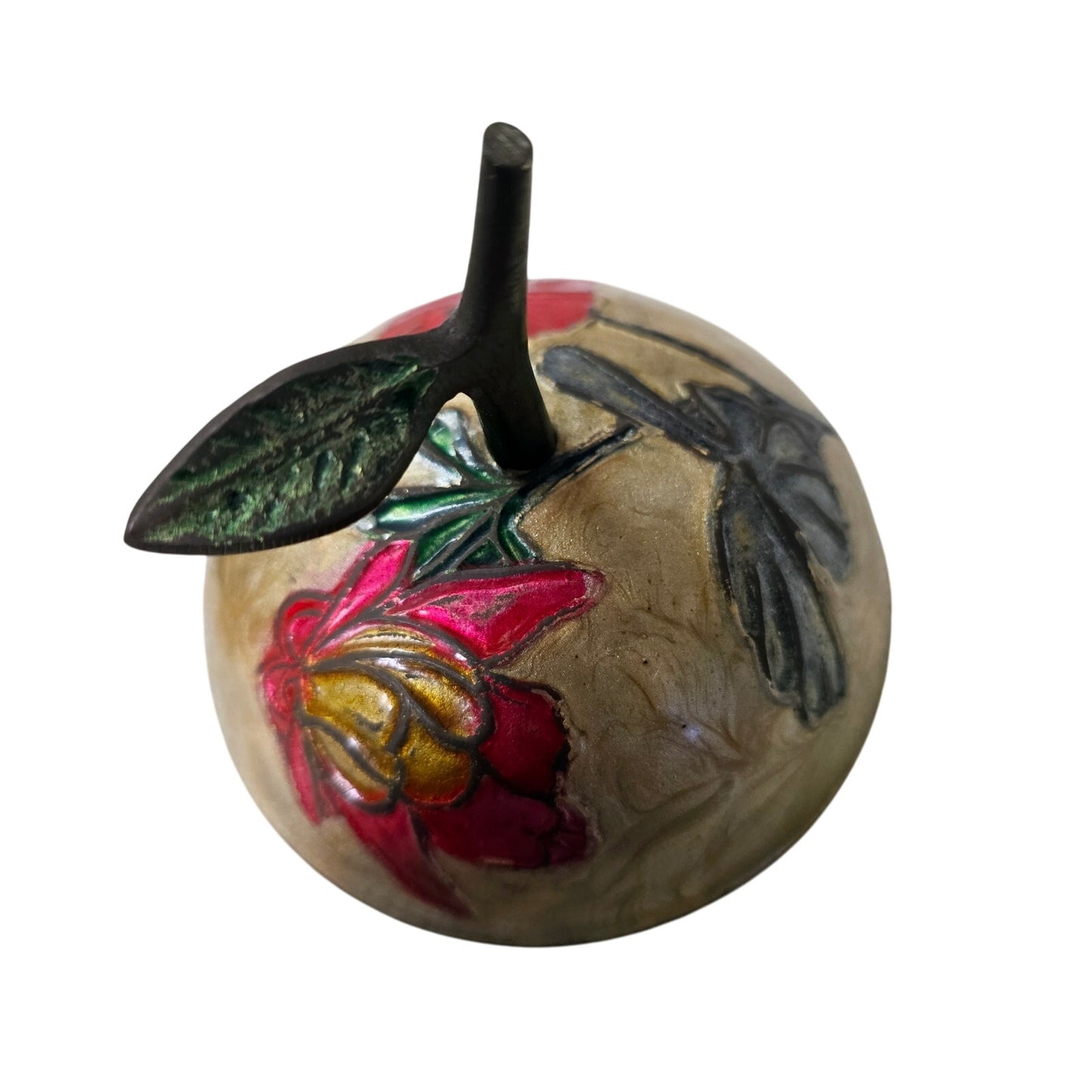 Vintage Cloisonne Enamel Brass Apple Trinket Box With Lid Floral Fruit Farmhouse