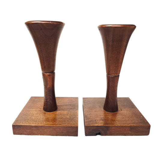 Danish Modern Style Walnut Wood Candlestick Holders - Hand Turned Pedestal Pair